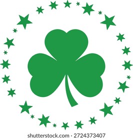 Shamrock clover surrounded by a circle of stars. Clean flat vector emblem suitable for Irish and St. Patrick’s Day designs, isolated on white background.