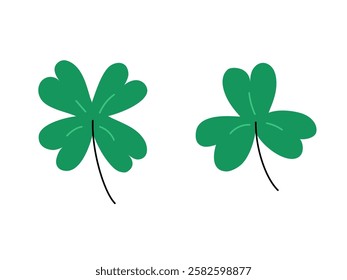 Shamrock, clover vector isolated. Cute Saint Patricks Day lucky symbol. Four and three leaves. Flat illustration. Irish Patricks Day March 17 design elements.