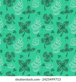 Shamrock and coins vector seamless pattern. Irish celebration concept. Flat Irish leaves and outline coins on green background. Unique print design for textile, wallpaper, wrapping, background