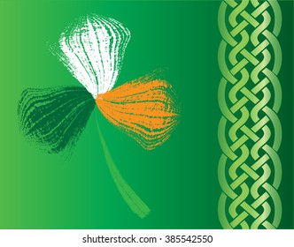 Shamrock in colors of the flag of Ireland. ST Patrick's Day vector illustration background, with celtic pattern.