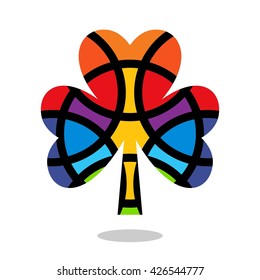 Shamrock design element. Mosaic style. Colored four leaf clover icon. Logo. Lucky-clover. Lucky-leaf. Quatrefoil. Isolated. White background