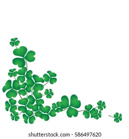 Shamrock design with white space background for St Patrick’s Day. Green clovers corner isolated on background. Vector illustration.