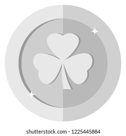 Shamrock. Flat Three-leaf clover silver coin. Saint Patrick's day. Irish. 
Lucky. Vector illustration isolated on white background. 
Editable elements and glare. Casino game. Rich EPS 10