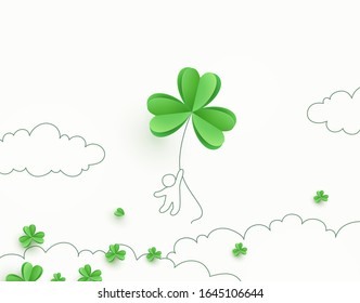 Shamrock Flying Green Leaves Banner. Irish Good Luck Concept Background. Vector Clover Pattern For Saint Patrick's Day Holiday Greeting Card Design.
