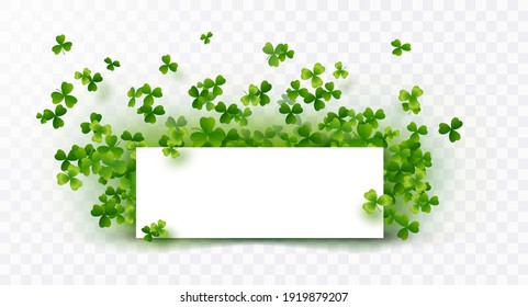 Shamrock flying leaves with paper border isolated on transparent background. Green irish symbols Good Luck and white banner. Vector clover pattern for Saint Patrick's Day holiday greeting card design