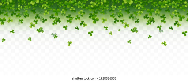 El vuelo de Shamrock deja un borde sin fisuras aislado en un fondo transparente. Símbolos irlandeses verdes Banner de Buena Suerte. Patrón de trébol vectorial para el diseño de la tarjeta de saludo de vacaciones del Día de San Patricio