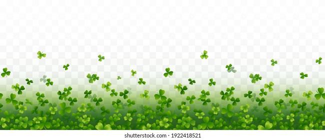 Shamrock flying leaves seamless border isolated on transparent background. Green irish symbols Good Luck banner. Vector clover pattern for Saint Patrick's Day holiday greeting card design