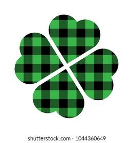 Shamrock four leaf clover icon. Green and black lumberjack pattern. Saint Patricks Day symbol.