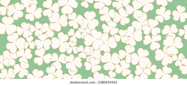 Shamrock or green clover, adorable golden pattern background flat design vector illustration, on green background. St. Patrick's Day shamrock in gold frame, for print, design, banner, fabric, prints.	