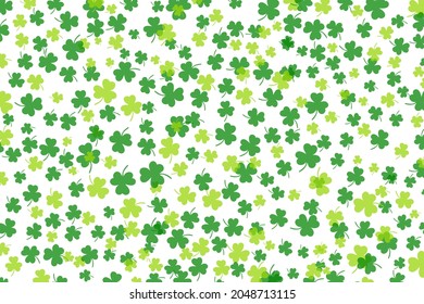 Shamrock or green clover leaves pattern background flat design vector illustration isolated on white background. St Patricks Day shamrock symbols decorative elements pattern.