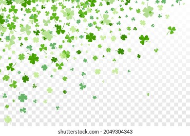 Shamrock or green clover leaves pattern background flat design vector illustration isolated on transparent background. St Patricks Day shamrock symbols decorative elements pattern.