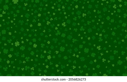 Shamrock or green clover leaves pattern background flat design vector illustration isolated on dark green background. St Patricks Day shamrock symbols decorative elements pattern.