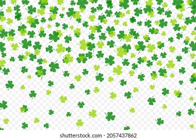 Shamrock or green clover leaves pattern background flat design vector illustration isolated on transparent background. St Patricks Day shamrock symbols decorative elements pattern.