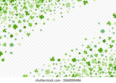 Shamrock or green clover leaves pattern background flat design vector illustration isolated on transparent background. St Patricks Day shamrock symbols decorative elements pattern.