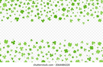 Shamrock or green clover leaves pattern background flat design vector illustration isolated on transparent background. St Patricks Day shamrock symbols decorative elements pattern.