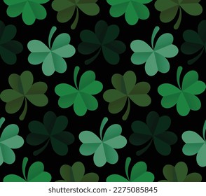 Shamrock or green clover leaves pattern background flat design vector illustration isolated on dark green background. St Patricks Day shamrock symbols decorative elements textile pattern 