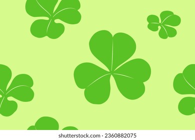 Shamrock or green clover leaves seamless pattern background doodle hand draw flat design vector illustration isolated on light green background. St Patricks Day shamrock symbols decorative elements fo