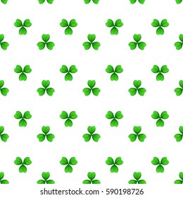 Shamrock, green clover with three leaves. St Patricks Day seamless pattern. Vector tileable design element. Saint Patrick used sprig of three-leafed young clover to teach Holy Trinity