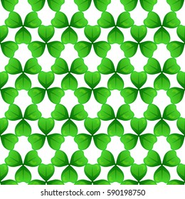 Shamrock, green clover with three leaves. St Patricks Day seamless pattern. Vector tileable design element. Saint Patrick used sprig of three-leafed young clover to teach Holy Trinity