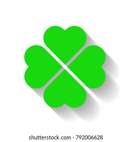 Shamrock - green four leaf clover icon. Good luck theme and Saint Patrick symbol design element. Simple vector illustration with long shadow effect.