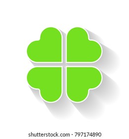 Shamrock - green four leaf clover icon. Good luck theme and Saint Patrick symbol design element. Simple vector illustration with long shadow effect.