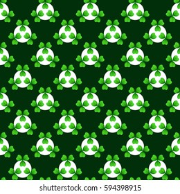 Shamrock, green lucky clover with three leaves. Sprig against white circle on dark green. St Patricks Day geometrical seamless pattern. Vector tileable design element.