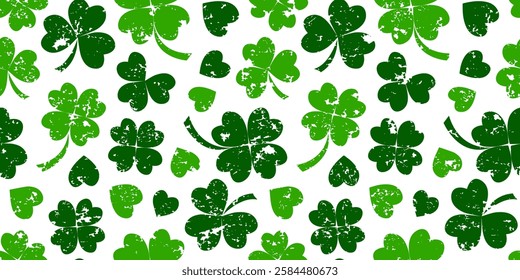 Shamrock grunge seamless pattern, clover leaves background Saint Patrick day. Green floral chalk print. Irish charcoal texture. Lucky nature pastel plant wallpaper. Abstract vector illustration