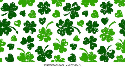 Shamrock grunge seamless pattern, clover leaves background Saint Patrick day. Green floral chalk print. Irish charcoal texture. Lucky nature pastel plant bg. Abstract vector illustration