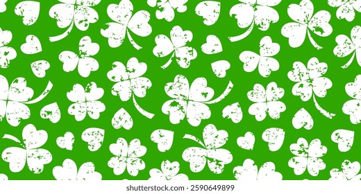 Shamrock grunge seamless pattern, clover leaves background Saint Patrick Day. Floral chalk print green and white colors. Irish charcoal texture. Lucky plant wallpaper. Abstract bg, vector illustration