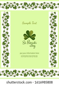 Shamrock hand drawn pattern ribbon flat vector frame. Clover green leaves foliage ornament border cartoon. St Patricks Day invitation template illustration. Decorative holiday flyer A4 size background