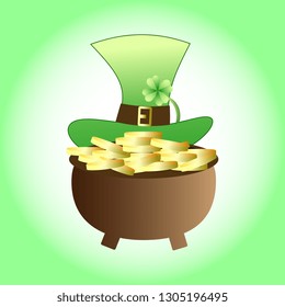 Shamrock ,hat of Leprechaun and a bowler with golden coins. St. Patrick's day  concept. Vector EPS10.