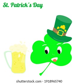 A shamrock in a hat and a mug of beer. Happy St. John's Day. Patrika with beer and clover