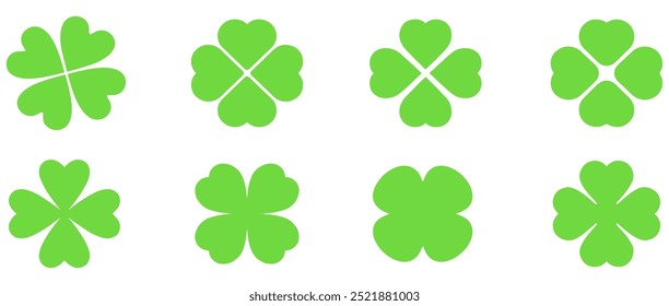 Ícone Shamrock Verde, Shamrocks, Trevo de Quatro Folhas, Símbolo Irlandês, Logotipo do Dia de São Patrício, Sinal de Sorte, Isolado, Variações. EPS 10