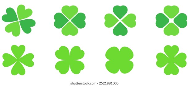 Shamrock Icon Green, Shamrocks, Four Leaf Clover, Irish Symbol, St Patrick's Day Logo, Luck Sign, Isolated, Variations. EPS 10