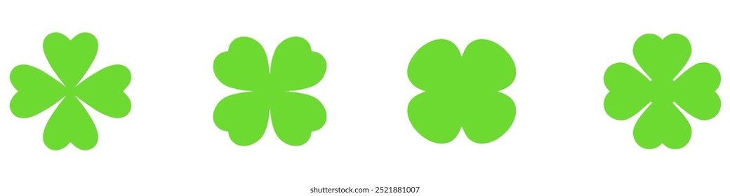 Shamrock Icon Green, Shamrocks, Four Leaf Clover, Irish Symbol, St Patrick's Day Logo, Luck Sign, Isolated, Variations. EPS 10