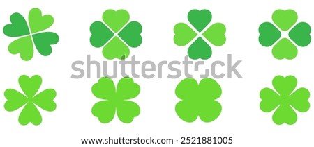 Shamrock Icon Green, Shamrocks, Four Leaf Clover, Irish Symbol, St Patrick's Day Logo, Luck Sign, Isolated, Variations. EPS 10