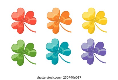 Shamrock icons, clover with three leaves. Symbol of Irish St.Patrick day. Glossy icons of 3 leaves clover in rainbow colors isolated on white background, vector illustration