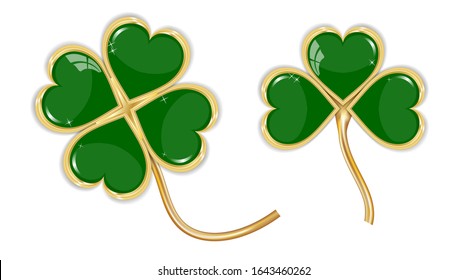 Shamrock icons on white background. Three and four-leaf clover. Vector illustration