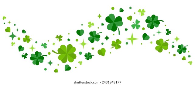 Shamrock or Leaf clover border with hearts shape, stars and sparkles on transparent background. Curl shape. St. Patricks Day banner.