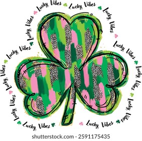 Shamrock Leaf clover St Patrick Day Lucky Vibes Cute Coquette Pink Green Leopard strokes pattern Irish