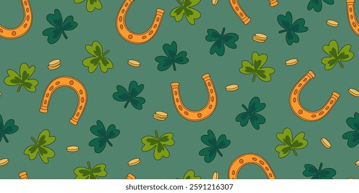 Shamrock leaf, horseshoe and coin seamless pattern vector illustration. St. Patrick's day symbol ornament. Lucky Irish fortune signs. Desogn for textile, fabric, background, packaging.