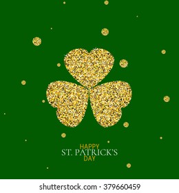 Shamrock leaf for Saint Patrick's Day celebration. Gold clover made of sparkling confetti on green background. Festive card template. Vector illustration.