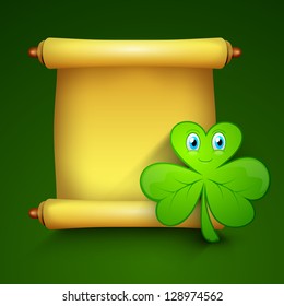 Shamrock leave with golden blank banner for your message, St. Patrick's Day background. EPS 10.