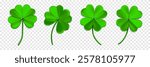 Shamrock leaves 3D. Green Quatrefoil leaves. 3D icons with shamrock. Symbol of lucky and Irish holiday St. Patrick Day. Decorative elements isolated on a transparent background