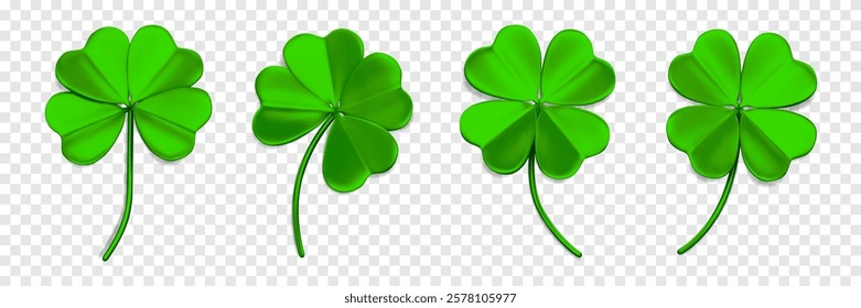 Shamrock leaves 3D. Green Quatrefoil leaves. 3D icons with shamrock. Symbol of lucky and Irish holiday St. Patrick Day. Decorative elements isolated on a transparent background