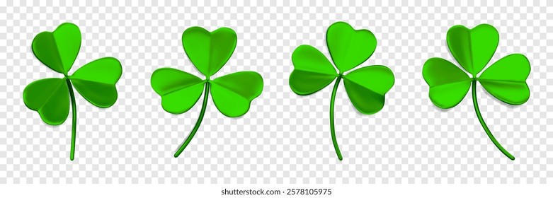 Shamrock leaves 3D. Green Trefoil leaves. 3D icons with shamrock. Symbol of lucky and Irish holiday St. Patrick Day. Decorative elements isolated on a transparent background