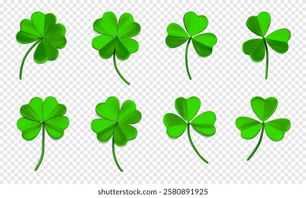 Shamrock leaves 3D. Green Trefoil and quatrefoil. 3D icons with shamrock. Symbol of lucky and Irish holiday St. Patrick Day. Decorative elements isolated on a transparent background