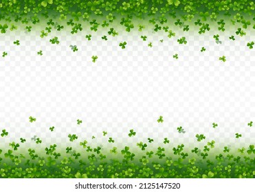 Shamrock leaves border isolated on transparent background. Green irish symbol Good Luck. Vector clover seamless pattern for Saint Patrick's Day holiday greeting card design