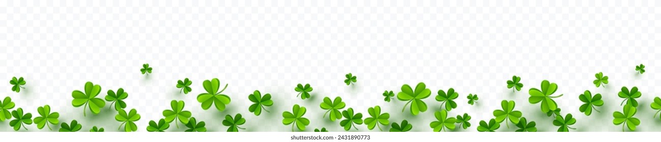 Shamrock leaves border isolated on transparent background. Green irish symbol Good Luck. Vector clover seamless pattern for Saint Patrick's Day holiday greeting card design