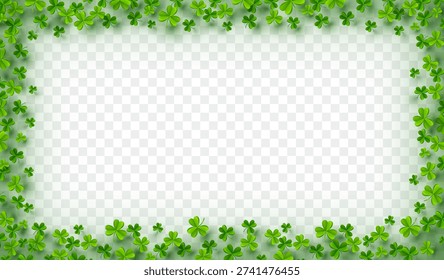Shamrock leaves frame isolated on transparent background. Green irish symbol Good Luck. Vector clover border for Saint Patrick's Day holiday greeting card design